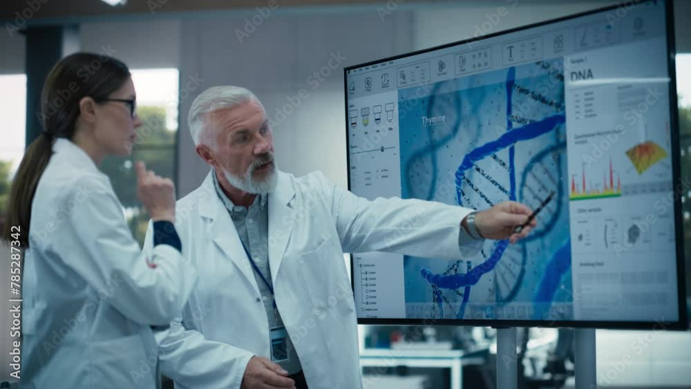 Poster middle aged head of laboratory having a meeting with a female chief technologist in a modern biochem
