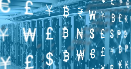 Image of financial currency signs and data processing over computer servers