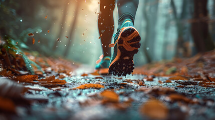 Lady trail runner walking on forest path with close up of trail running shoes. The runner in motion, with one foot lifted off the ground and the other firmly planted on the forest path. - obrazy, fototapety, plakaty