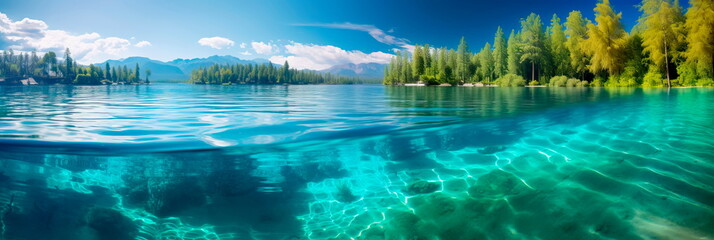 Natural beauty of pristine turquoise waters, whether it's a tropical beach, a clear lake, or a winding river.
