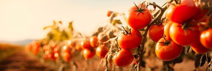 Ripe tomatoes against a background of golden tomato fields create a harmonious combination of crops in the countryside. - obrazy, fototapety, plakaty