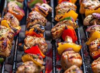 Colorful and delicious chicken shish kebab on the grill with mushrooms