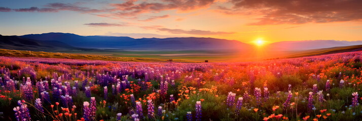 The bright hues of wildflowers covering the field create a riot of color and highlight the beauty of the wild nature.