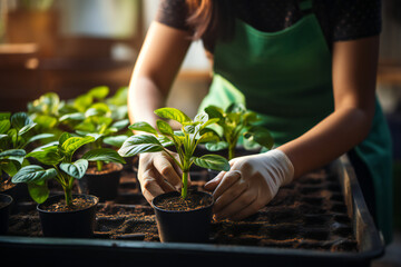 woman planting a plant. Person gardener hand replanting home green plants. Transplanting a houseplant into a new flower pot. gardening. Taking care of home plants, watering plants - obrazy, fototapety, plakaty