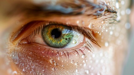 Human Eye in Extreme Close-up with Water Droplets. Generative ai