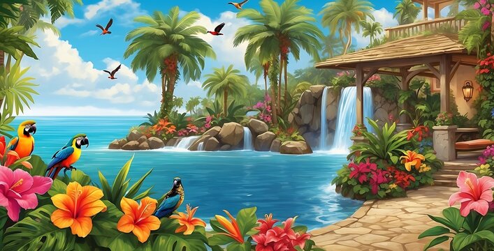 Beautiful tropical landscape with waterfall and palm trees - illustration for children