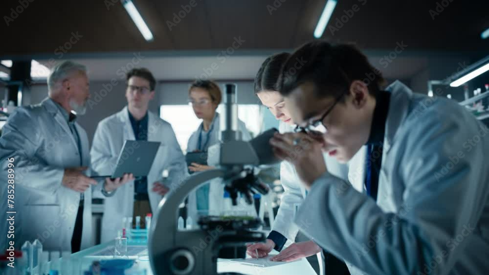 Leinwandbilder Head of Laboratory Making a Bioengineering Experiment with a Group of Young Science College Students. Future Specialists Working with Modern Microscopes, Using Tablet and Laptop Computers