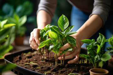 woman planting a plant. Person gardener hand replanting home green plants. Transplanting a houseplant into a new flower pot. gardening. Taking care of home plants, watering plants - obrazy, fototapety, plakaty