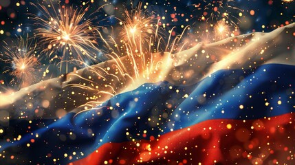 Day of Russia. Russian Flag on the wind, Festive fireworks on the background of the Russian flag