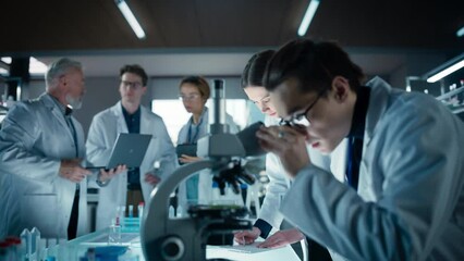 Head of Laboratory Making a Bioengineering Experiment with a Group of Young Science College Students. Future Specialists Working with Modern Microscopes, Using Tablet and Laptop Computers