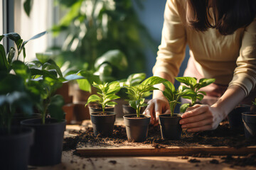 woman planting a plant. Person gardener hand replanting home green plants. Transplanting a houseplant into a new flower pot. gardening. Taking care of home plants, watering plants