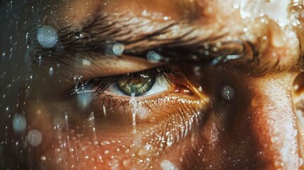 Human Eye in Extreme Close-up with Water Droplets. Generative ai