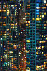 A closeup of skyscrapers in a city during nighttime using a telephoto lens