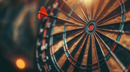 Dart arrow hitting in the target center of dartboard. Manager show the business goal setting concept, Target Growth development planning, Organizational growth and objectives