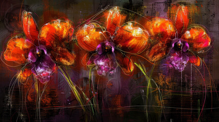   Orange and purple flowers on a black and red background, featuring a black-and-white grid in the foreground