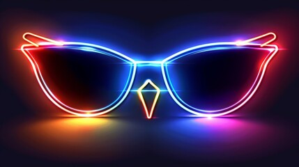   A pair of neon glasses rests atop a dark surface, illuminated by a neon light situated behind them against a backdrop of absolute blackness - obrazy, fototapety, plakaty