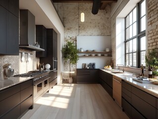 A large kitchen with a lot of counter space and a lot of cabinets. The cabinets are black and the countertops are white. There is a lot of natural light coming in from the windows
