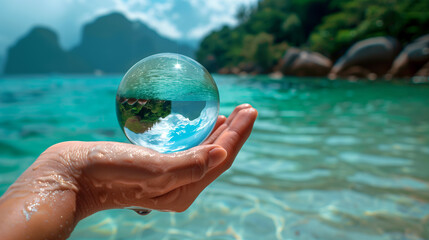 Hand Holding Glass Sphere Reflecting Tropical Seascape and Lush Foliage