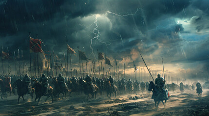 Big Medieval Army Marching to War Under a Lightning 