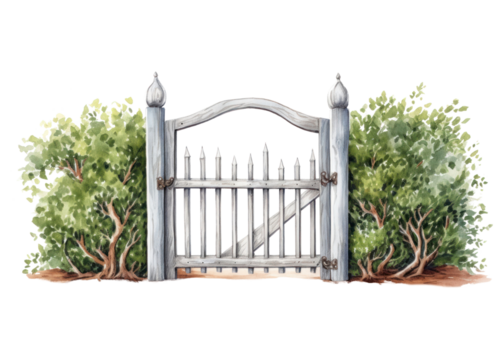PNG Gate outdoors fence plant, digital paint illustration