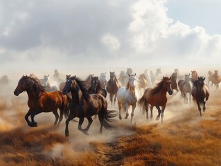 A herd of horses running in a field. The horses are of different colors, including brown and white. The scene is dynamic and full of energy, as the horses gallop across the field