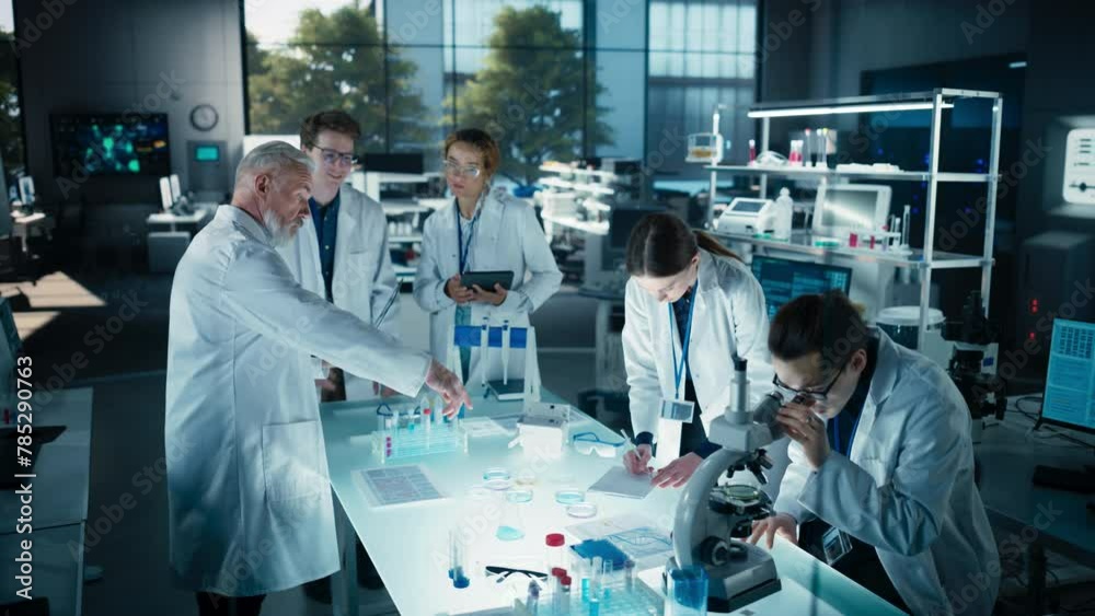 Aufkleber PhD Professor Teaching a Group of Science Students the Basics of Gene Therapy and Biological Engineering. Head of Laboratory Creating Conditions for Practical Education and Technology Demonstration