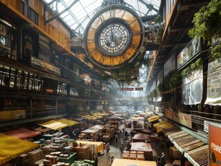 A large clock hangs in the center of a busy market. The clock is surrounded by many people and various items for sale. The market is bustling with activity