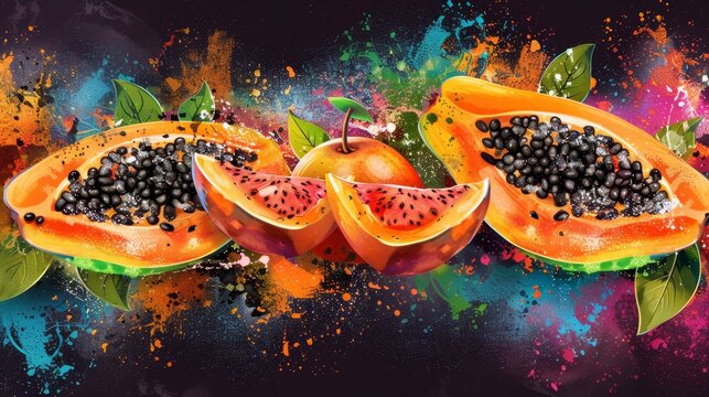   A painting of vibrant fruit against a black backdrop, surrounded by colorful splatters of paint