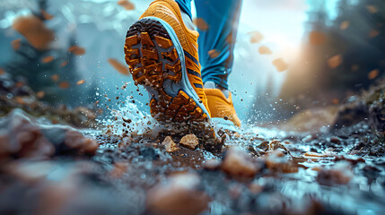 Close-up of a man's legs running on a mountain trail - obrazy, fototapety, plakaty