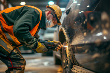 Skilled worker in protective equipment is welding in a dark, atmospheric workshop with sparks