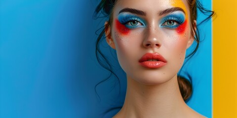 Vibrant Makeup Beauty Portrait of a Dramatic Female Character Against a Colorful Canvas with Copyspace
