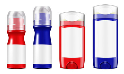 Deodorant roll-on and stick bottles with blank white labels and clear caps. Red and blue. Vector mockup set. Roller and stick bottle. Cosmetic container package mock-up kit. Template for design