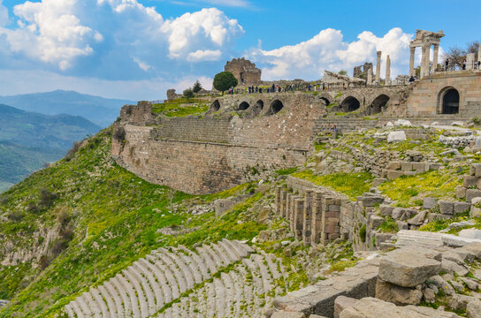 Pergamon acropolis scenic view with amphitheater and Traianeum ruins (Bergama, Izmir province, Turkiye)