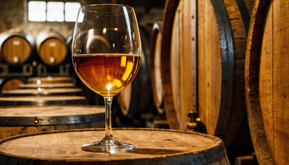 A glass of cognac stands on an oak barrel in a traditional cellar with rows of wine barrels in the background

