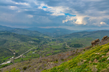 scenic view of Bergama Kozak road and valley from arsenal ruins in Pergamon acropolis (Izmir province, Turkiye)