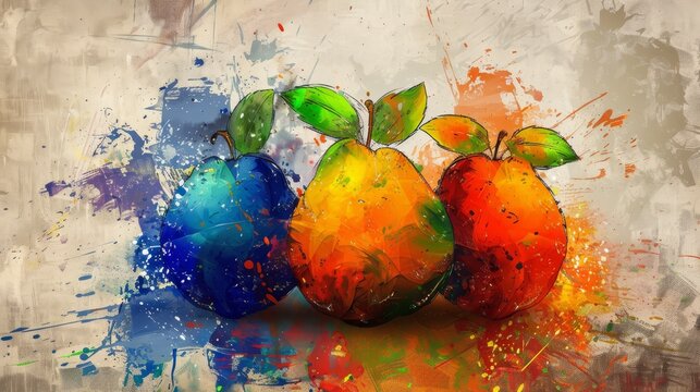   A trio of apples and a duo of pears in a painting Bottom edge bears a splash of paint Top of the apples is adorned with a verd