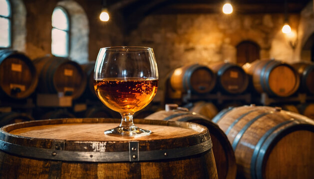 A glass of cognac stands on an oak barrel in a traditional cellar with rows of wine barrels in the background

