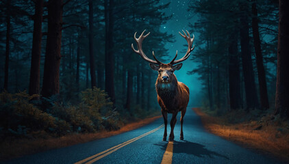 A stag standing in the middle of the road at night