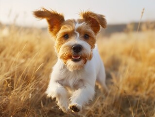 A dog is running through a field of tall grass. The dog is brown and white and he is happy