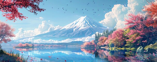 Breathtaking view of Mount Fuji amidst a forest of springtime trees. - obrazy, fototapety, plakaty