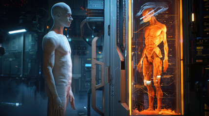 Fototapeta na wymiar An android with human anatomy looks at a humanoid capsule in a high-tech medical laboratory, banner