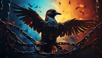A symbolic illustration of freedom, the silhouette of a bird flying free from chains depicts liberation and victory

 - obrazy, fototapety, plakaty