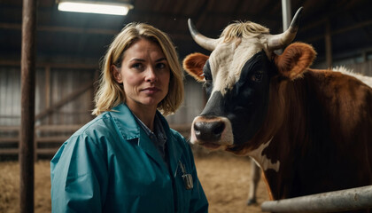 A veterinarian woman standing next to a cow in a shed - obrazy, fototapety, plakaty