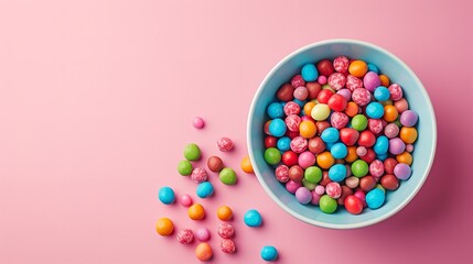Above image depicts multicoloured chocolate beans in a bowl with space for advertising on a pink backdrop, Generative AI.