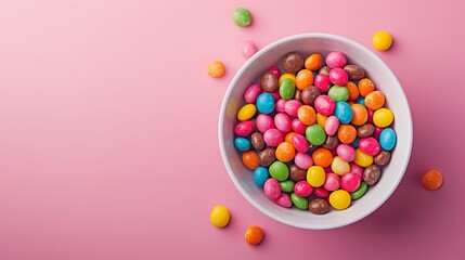 Above image depicts multicoloured chocolate beans in a bowl with space for advertising on a pink backdrop, Generative AI. - Powered by Adobe