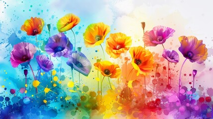   A vibrant arrangement of flowers against a blue-yellow backdrop, with a paint splash at the image's bottom