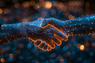 Digital Connection, Illuminated Blue and Orange Hands Shaking