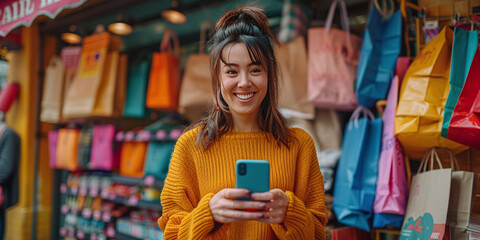 Fototapeta premium A Woman's Immersive Mobile Shopping Adventure - Surrounded by Packages and Order Items