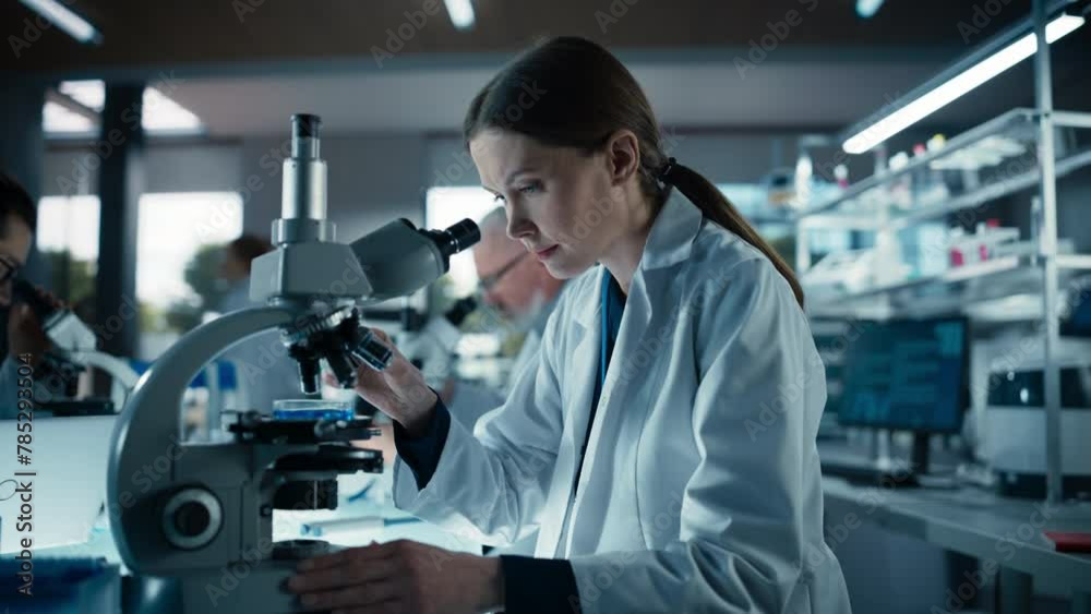 Poster Female Bioengineer Looking at DNA Samples Under a Microscope in a Modern Applied Science Laboratory. Portrait of a Young Lab Engineer in White Coat Working with Colleagues