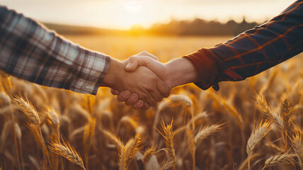Close-up of Two farmers shaking hands in front of a wheat field at sunset.